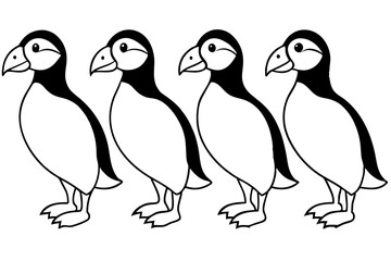 Four Puffins Linear Vector Art on White Background