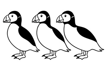 Four Puffins Linear Vector Art on White Background