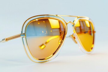 Pair of stylish sunglasses with gold frame, white background, fashion accessory