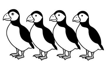 Four Puffins Linear Vector Art on White Background