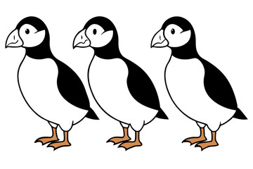 Four Puffins Linear Vector Art on White Background
