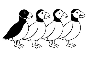 Four Puffins Linear Vector Art on White Background