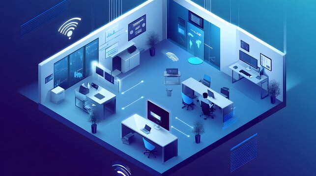 Graphic Depicting IoT Powered Occupancy Sensors Optimizing Space Utilization and Efficiency in a Smart Connected Office Environment