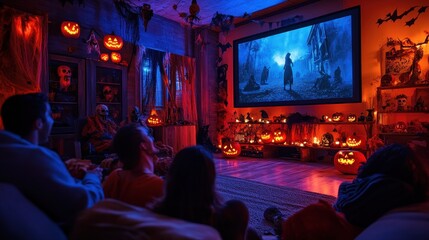Spooky Movie Night: Guests Watch Halloween Horror Films in Creepy Living Room Setting