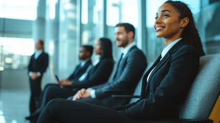 Diverse Group of Candidates Waiting in Modern Office Lobby Professional Attire Happy Suit