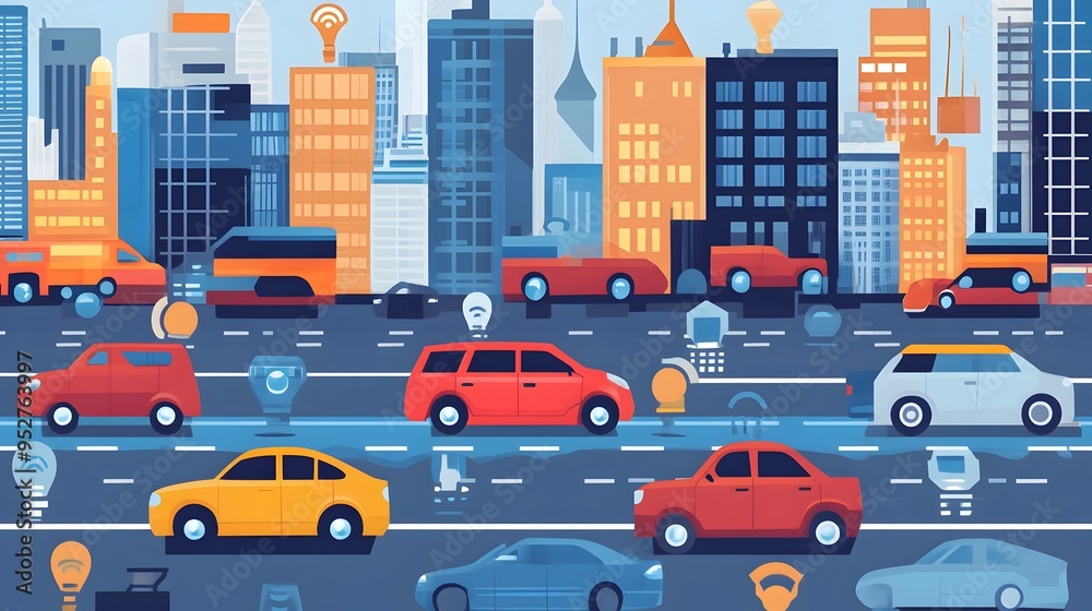 Poster a graphic depicting an iot based sensor network monitoring and analyzing traffic congestion patterns