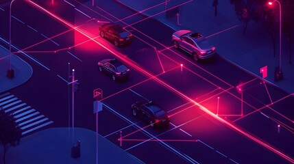 Naklejka premium Futuristic Graphic Depicting IoT Connected Monitoring and Tracking Vehicle Movement at a Smart City Intersection with Digital Surveillance and Traffic Analytics