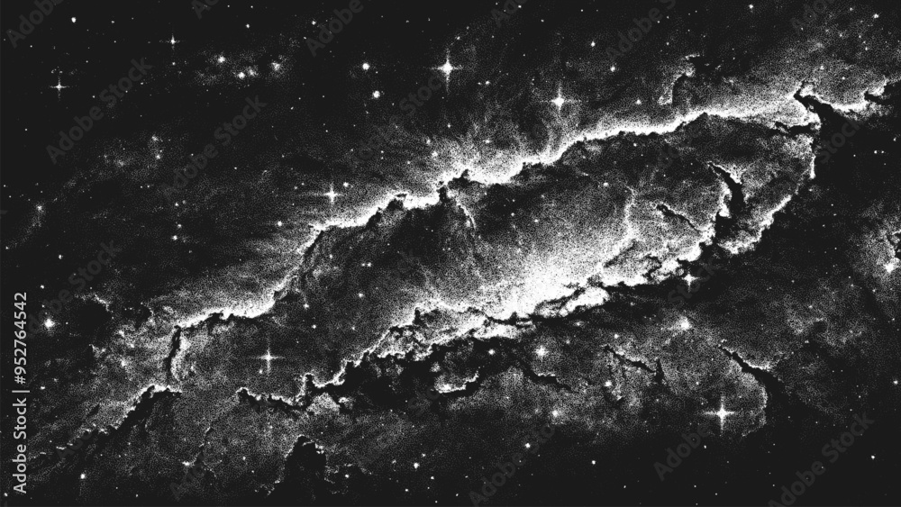 Fototapete deep space scene background in stippling style with amazing huge nebula and glowing stars cluster in