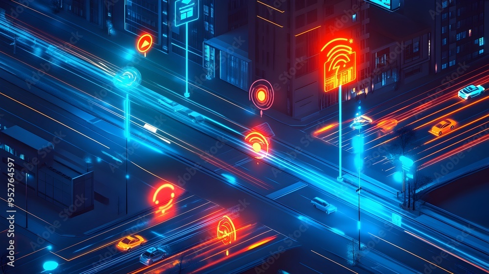 Poster graphic showcasing iot technology and smart algorithms optimizing and managing traffic signal timing