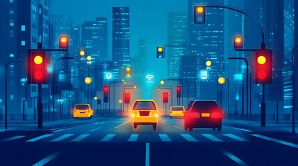 Fototapeta premium graphic showcasing IoT technology optimizing traffic signal timings to improve urban transportation efficiency and traffic flow through data driven automation and intelligent infrastructure