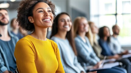 Fototapeta premium Happy Diverse Candidates Waiting in Office Lobby Professional Attire Natural Lighting Smart Casual Business