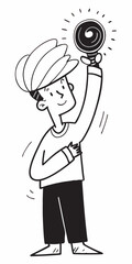 Illustration of Innovative Discovery: An excited individual, holding a magnifying glass that is emitting light, symbolizing innovation and knowledge. The illustration is simple but elegant. 
