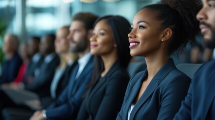Obraz premium Diverse Group of Candidates Waiting in Modern Office Lobby Professional Attire Happy Suit