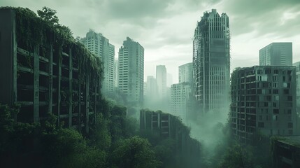 Fototapeta premium Abandoned cityscape overrun by vegetation in a post-apocalyptic setting Gritty worn muted desaturated colors heavy textures detailed 3D architecture