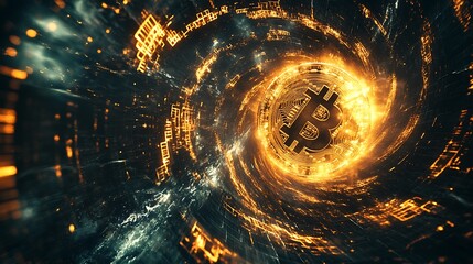 Bitcoin Symbol in a Glowing Digital Vortex