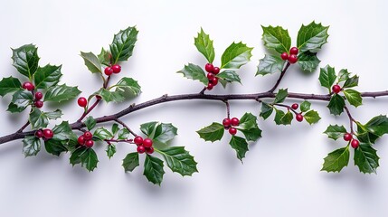 Fototapeta premium Sprig of holly with red berries on a white background.