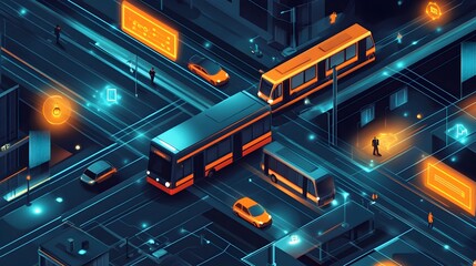 Obraz premium Futuristic depicting an IoT based system that manages and optimizes public transportation routes traffic flow and urban mobility through a network of connected devices sensors and data analytics