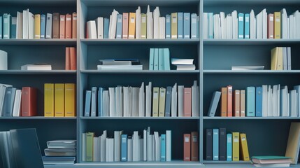 A well-organized bookshelf with a variety of colored binders and books