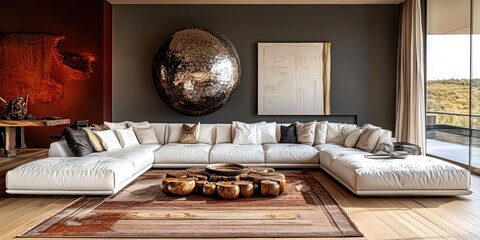 futuristic modern living room, cozy sofa with plush pillows, large decorative metal sphere wall art, wood floors, area rug, large windows, rustic accents, dramatic lighting, minimalist interior design