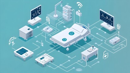 Cutting edge IoT technology seamlessly integrating and managing a wide range of medical devices and equipment within a state of the art hospital setting enabling enhanced efficiency