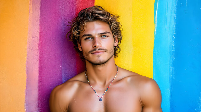 Retrato de hombre joven surfero con fondo colorido de arte abstracto