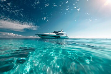 Fototapeta premium A luxurious yacht gliding over crystal clear waters under a bright blue sky, perfect for a serene nautical getaway.