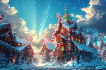 Fototapeta premium A magical winter scene with snow-covered houses, candy canes, and warm sunlight peeking through clouds, perfect for holiday themes.