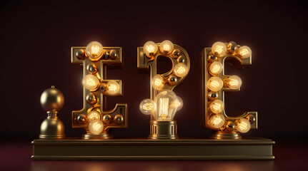 Golden framed 3D light bulb alphabet on dark red background
