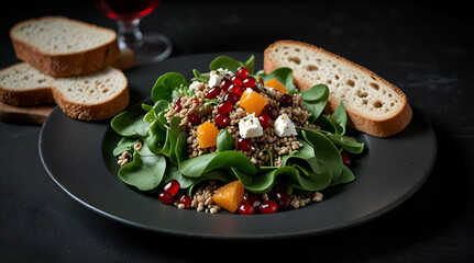 Buckwheat Salad with Lamb's Lettuce, Pomegranate Seeds, Goat Cheese, Mandarin, and Onion 
