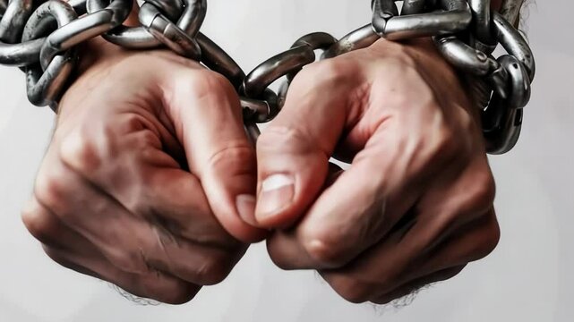 Two hands are shown bound tightly by heavy metal chains, emphasizing themes of restriction and confinement. The stark backdrop enhances the dramatic impact of this imagery.