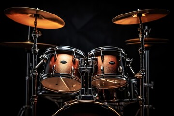 Close-up of a Drum Set with Cymbals Against a Black Background