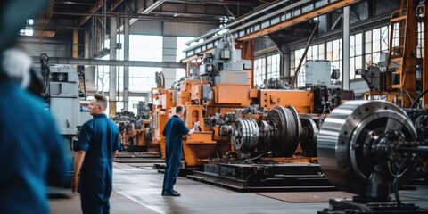 Fototapeta premium Workshop for assembling large mechanisms. Workers check the accuracy of the assembly and control the process through robotic assembly systems.