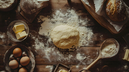 A rustic wooden table is covered in a layer of flour, with a ball of dough ready to be shaped into a loaf of bread. 