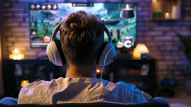 A pair of noise-canceling headphones encase the gamer's ears, blocking out distractions