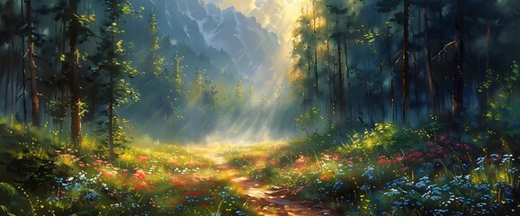 Sun rays illuminate a path through a lush forest clearing.