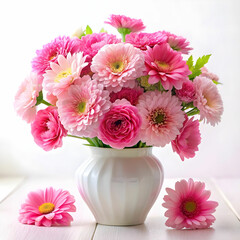 a vase of pink flowers with white background