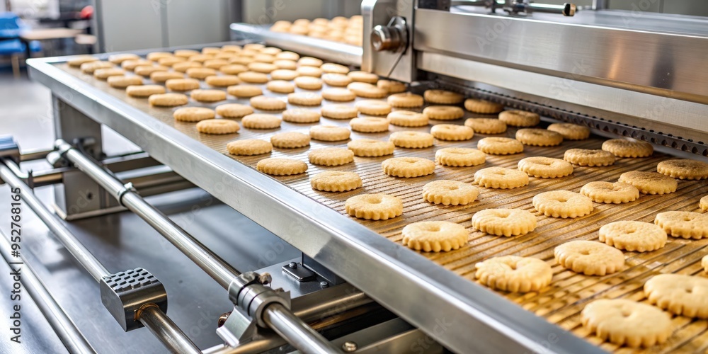 Poster Close up of automated biscuit cookies shape forming machine on a conveyor belt with cookie dough, biscuit