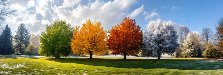Four trees stand in a line, each representing a different season: spring, summer, autumn, and winter. The vibrant colors create a stunning contrast. © DesignByGade