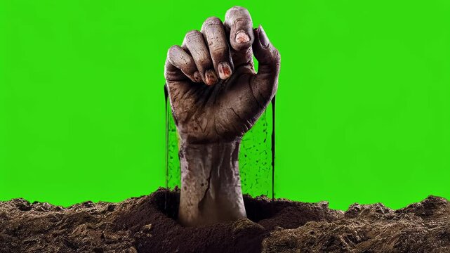 zombie hand coming out of grave over green screen