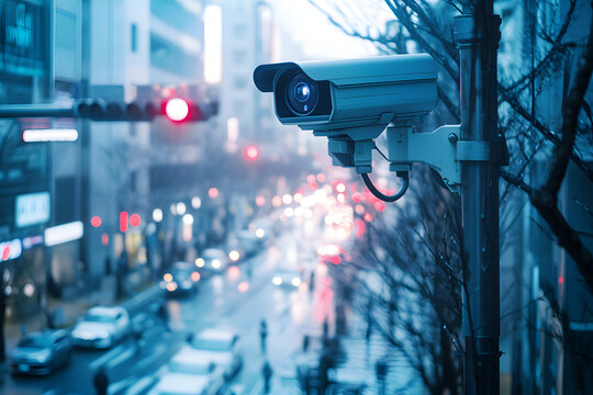 A security camera mounted on a pole in a city street with a blurry view of traffic. It provides a sense of security and monitoring.
