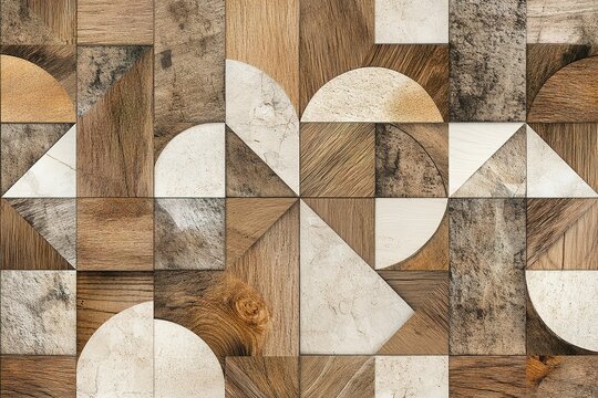 Geometric wooden tile pattern in brown and beige tones
