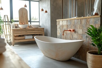 Modern bathroom with freestanding tub and stone wall