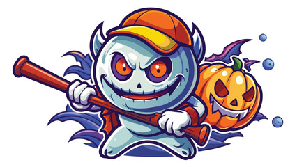 Naklejka premium Ghost Pumpkin head with baseball bat. Set of Halloween silhouettes black icon and character. Vector illustration. Isolated on white background