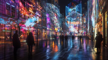 Silhouettes of People Walking on a Wet City Street at Night, Illuminated by Colorful Lights