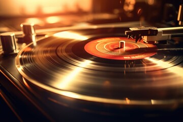 Golden Vinyl Record Spinning on Turntable with Warm Light
