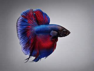 Obraz premium A vibrant Siamese fighting fish with flowing fins, displaying striking blue, red, and black coloration against a simple grey backdrop.