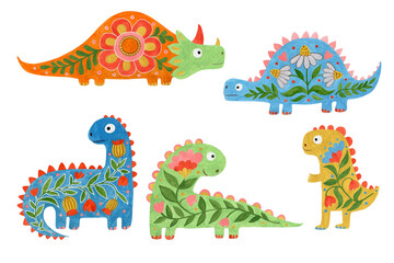 Obraz premium Dinosaurs set of watercolor illustrations isolated on white background in folk art style.