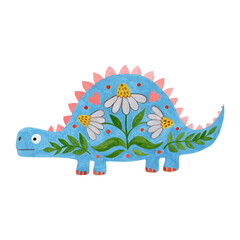 Dinosaur watercolor illustration isolated on white background in folk art style.
