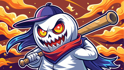 Ghost Pumpkin head with baseball bat. Set of Halloween silhouettes black icon and character. Vector illustration. Isolated on white background