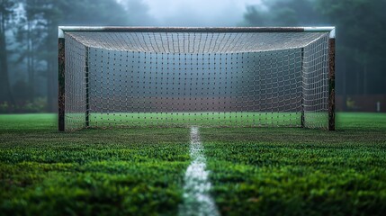 Soccer Goalpost on a Foggy Field, Capturing the Quiet Serenity of an Early Morning Game With Dew-Covered Grass